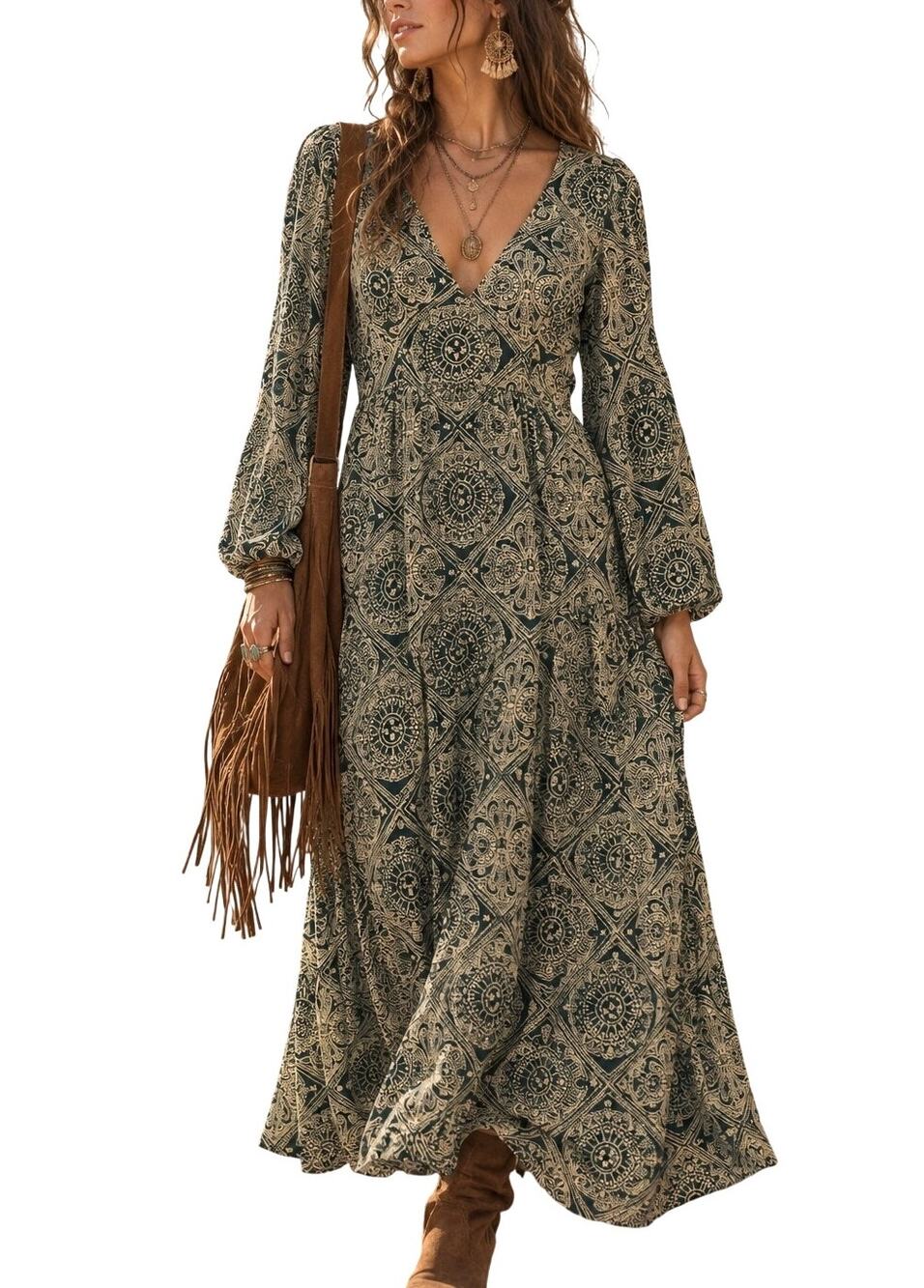 Natalie Martin Fiore Maxi Dress XS Green Boho Moroccan Indie Hippie Fall Artsy